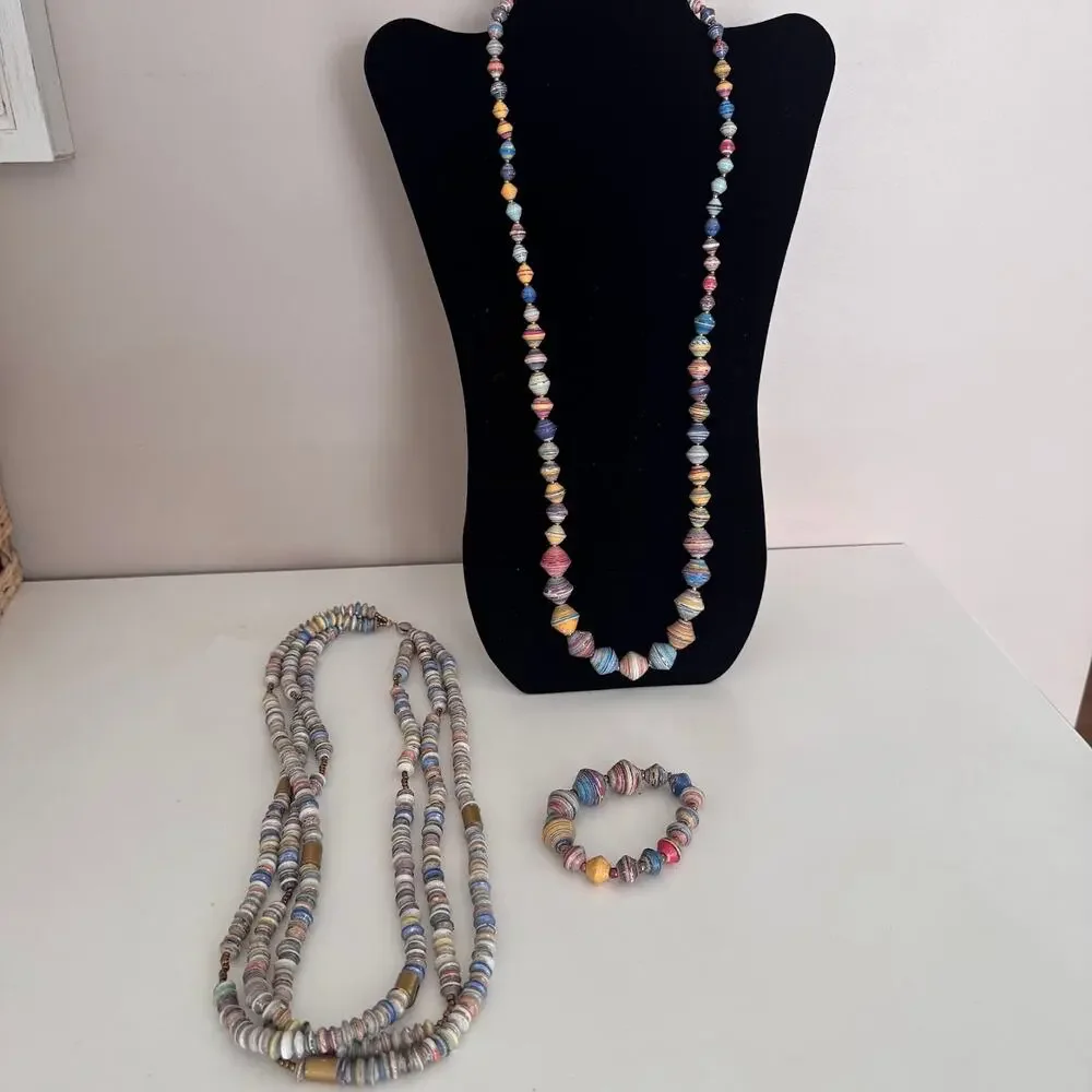 Handmade Rolled Paper Bead Necklaces Bracelet Boho Artisan Jewelry Lot Vintage - Picture 1 of 7